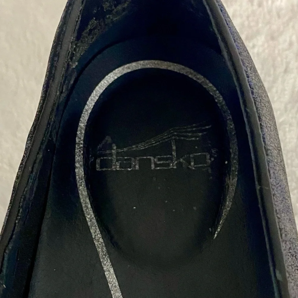 Dansko Olena Blue Metallic Suede Flats Size 38 EU (7.5-8 US) Black Leather Strap